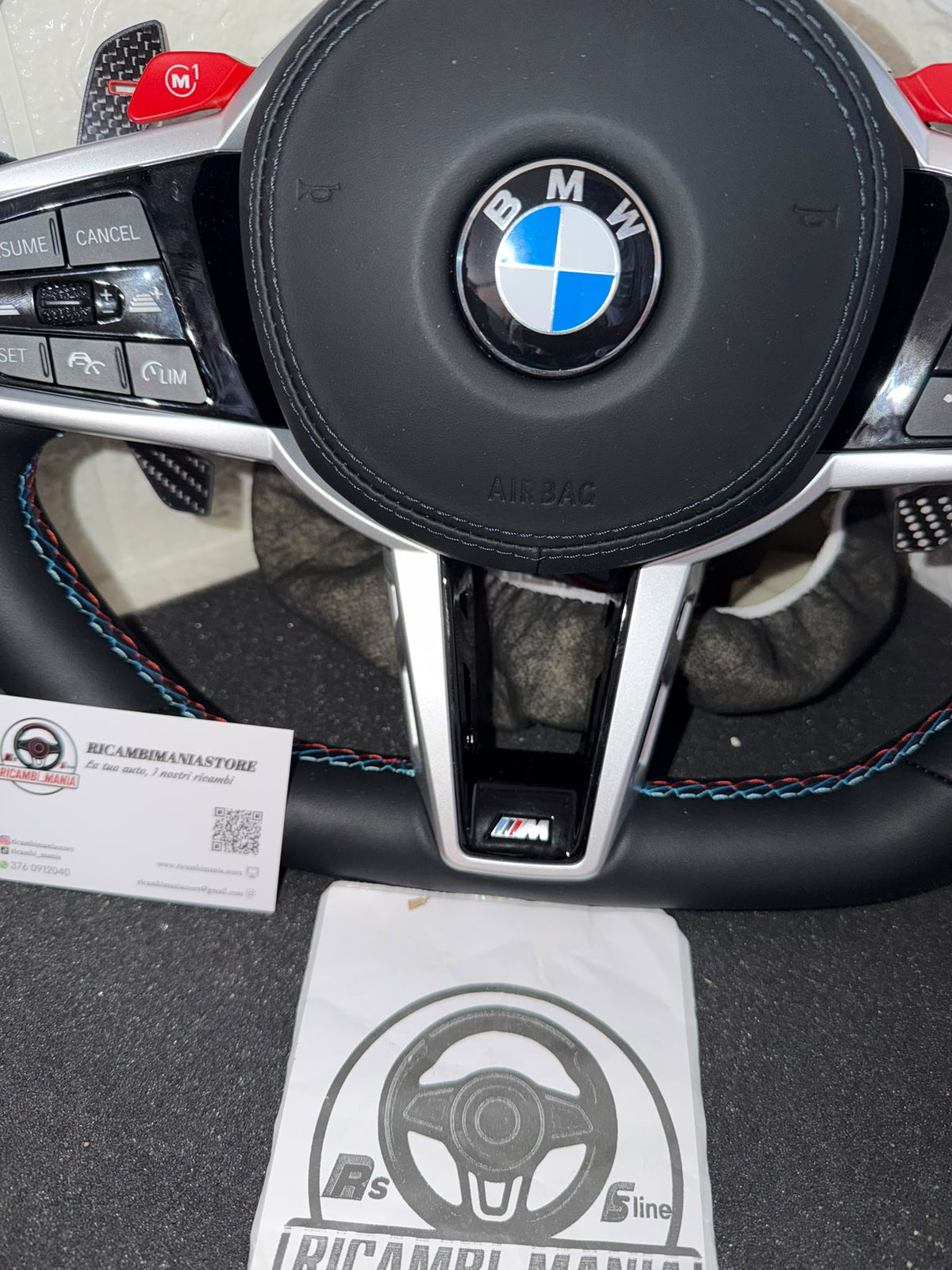 Volante Per Bmw Con Pelle Liscia,Tasti M1&M2, Mirino Rosso Racing, Paddle e Tasti Multifunzione