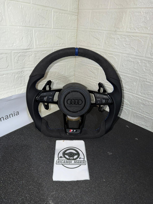 Volante Sportivo Audi RS Line – Pelle Alcantara Con Cuciture Blu & Mirino Blu Racing & Comandi Multifunzionali