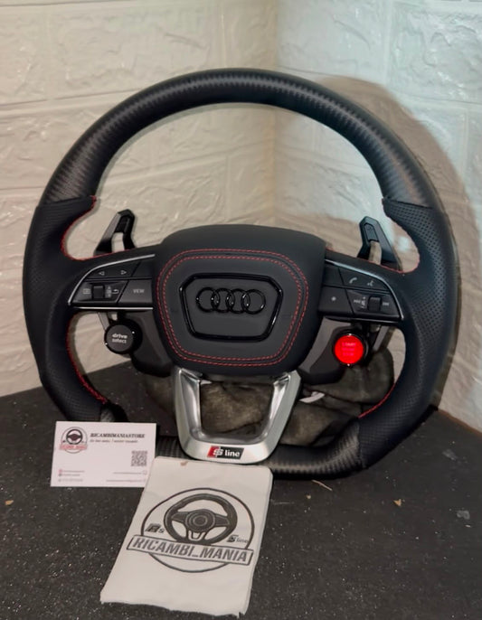 Volante Per Audi In Fibra di Carbonio Opaco, Con Pelle Traforata ai lati, Con Tasti Start&Stop e Drive Select