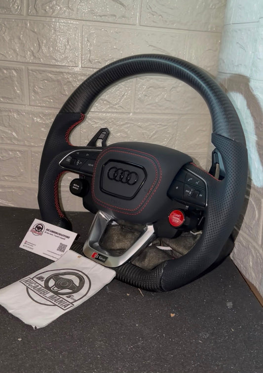 Volante Per Audi In Fibra di Carbonio Opaco, Con Pelle Traforata ai lati, Con Tasti Start&Stop e Drive Select