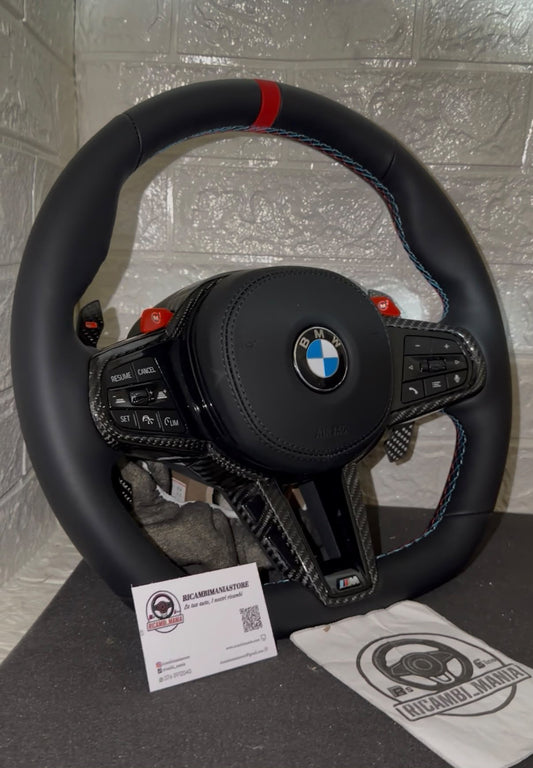 Volante Per Bmw In Pelle Liscia Con Mirino Rosso, Con Finiture In Carbonio & Tasti Multifunzione