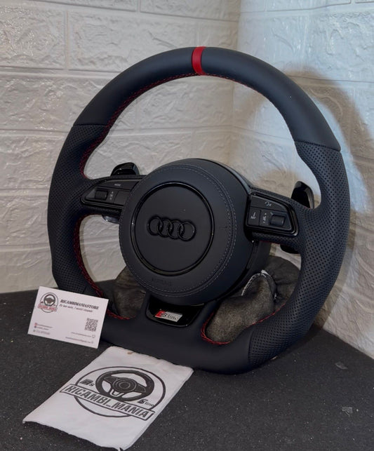 Volante Audi S-Line Sportivo in Pelle Traforata con Mirino Racing Rosso & Comandi Multifunzionali
