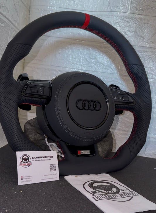 Volante Audi S-Line Sportivo in Pelle Traforata con Mirino Racing Rosso & Comandi Multifunzionali