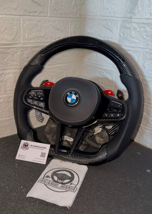 Volante bmw con comandi M1&M2, Carbonio con Pelle trafortata, Con Led Contagiri e paddle in carbonio