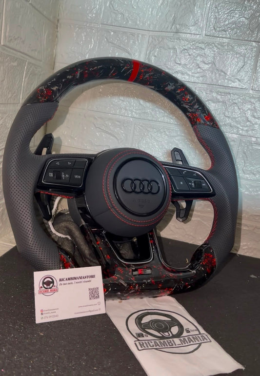 Volante in carbonio forgiato con cuciture rosse, mirino rosso sportivo, paddle stile urus