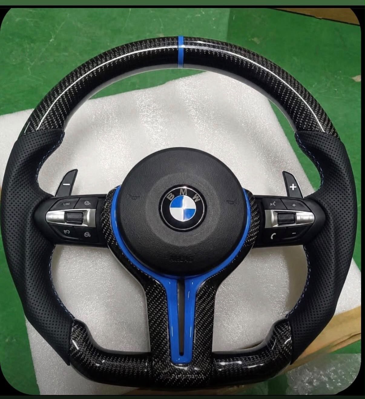 Volante Per Bmw Con Dettagli Blu & Carbonio Lucido, Con Tasti Multifunzione