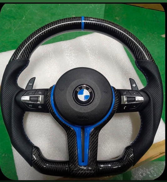 Volante Per Bmw Con Dettagli Blu & Carbonio Lucido, Con Tasti Multifunzione