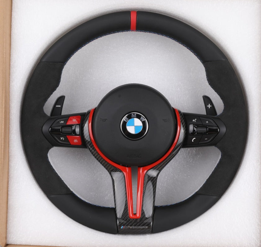 Volante Per Bmw Con Alcantara & Pelle Liscia, Con Dettagli Rossi & Finiture In Carbonio