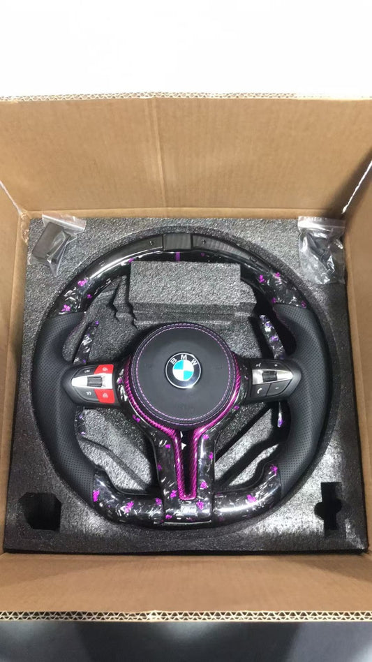 Volante Per Bmw Con Contagiri Led, Carbonio Forgiato & Pelle Traforata, Con Dettagli Viola & Finiture In Carbonio Forgiato