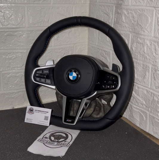 Volante Per Bmw Con Pelle Liscia, Mirino Nero Racing, Finiture Chiare, Paddle e Tasti Multifunzione
