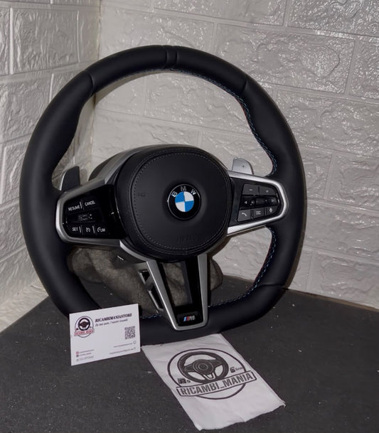 Volante Per Bmw Con Pelle Liscia, Mirino Nero Racing, Finiture Chiare, Paddle e Tasti Multifunzione