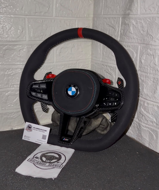 Volante Per Bmw Full Alcantara,Tasti M1&M2, Mirino Rosso Racing, Paddle Carbon e Tasti Multifunzione