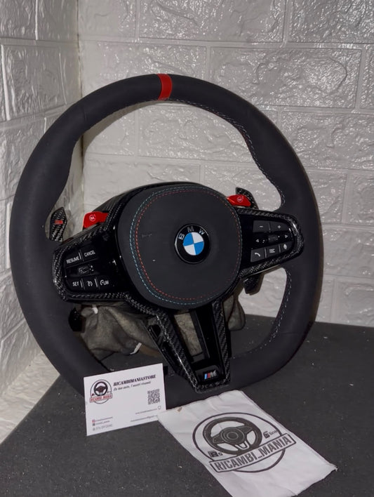 Volante Per Bmw Full Alcantara,Tasti M1&M2, Mirino Rosso Racing, Paddle Carbon e Tasti Multifunzione