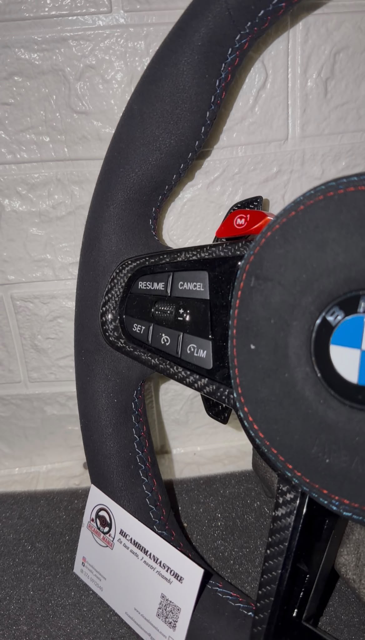 Volante Per Bmw Full Alcantara,Tasti M1&M2, Mirino Rosso Racing, Paddle Carbon e Tasti Multifunzione