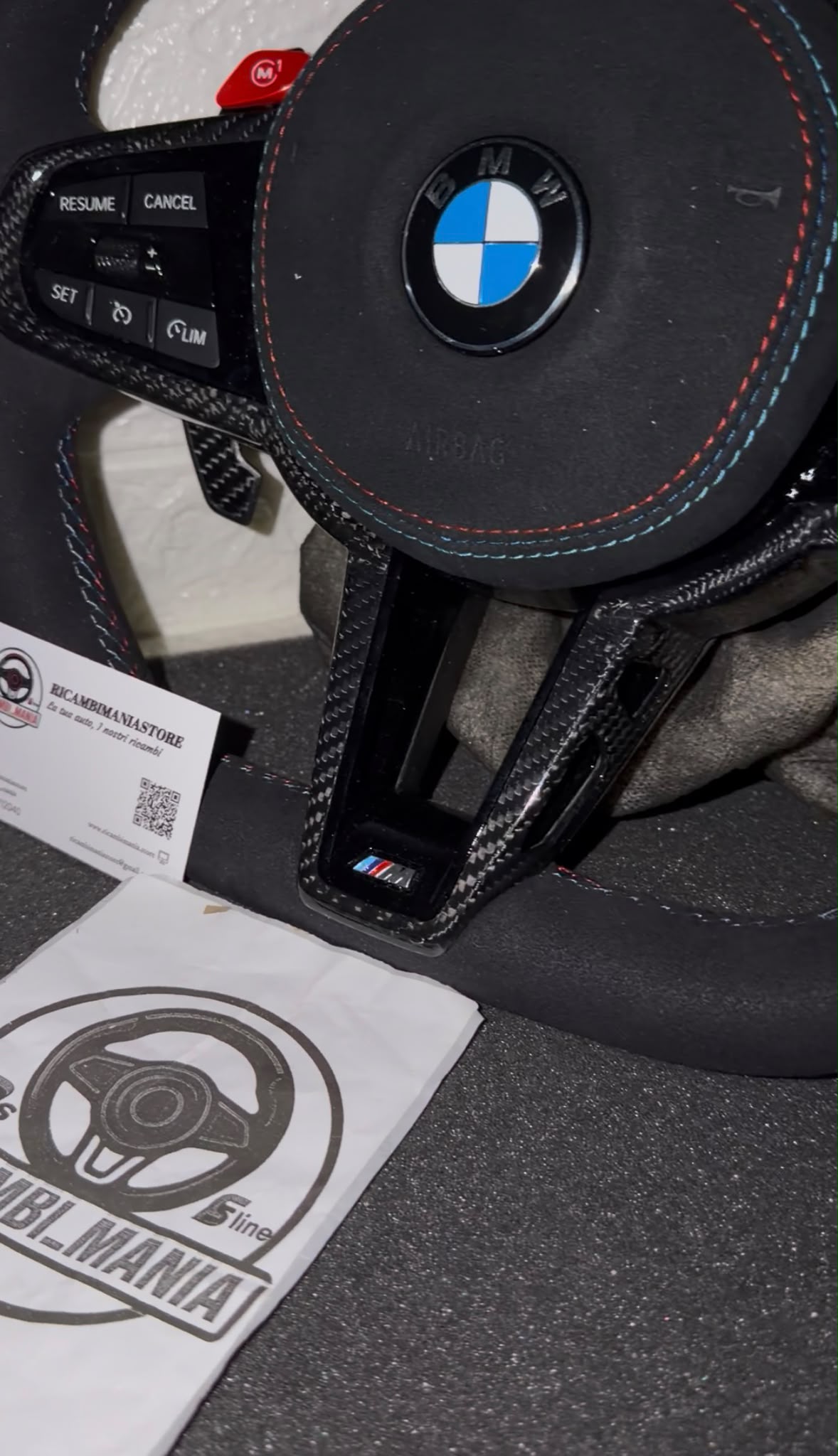 Volante Per Bmw Full Alcantara,Tasti M1&M2, Mirino Rosso Racing, Paddle Carbon e Tasti Multifunzione