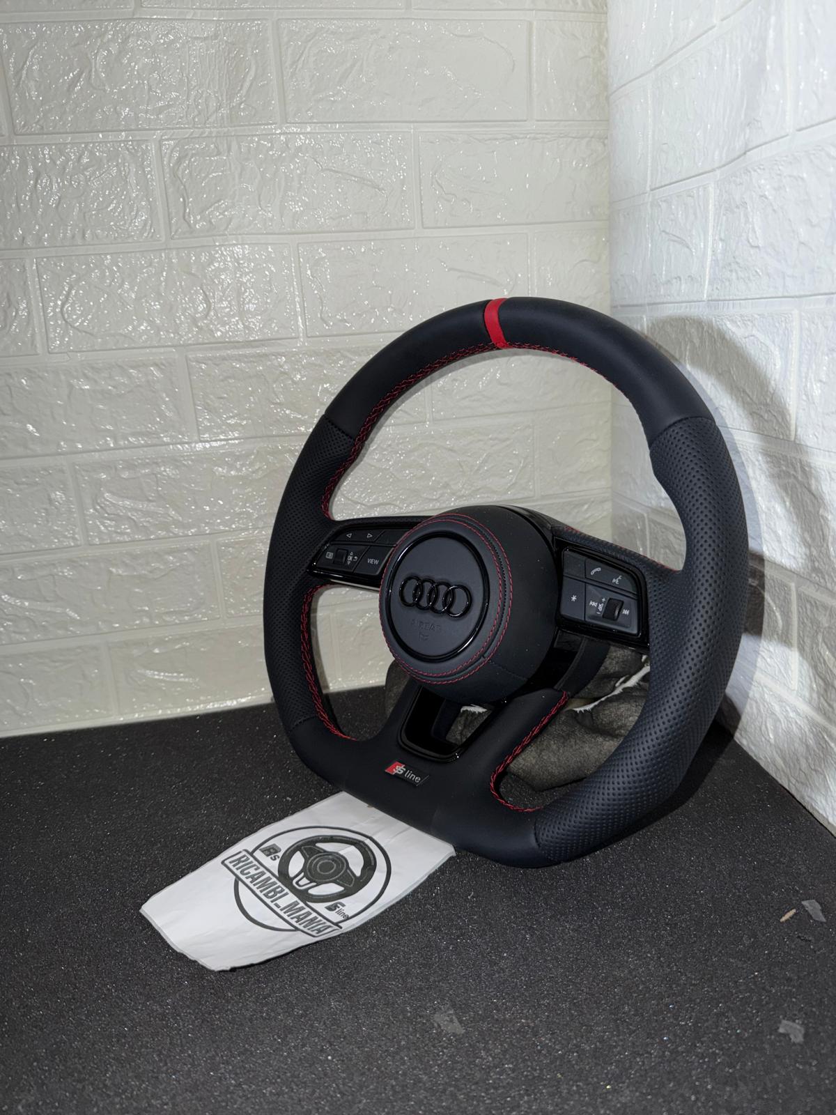 Volante Audi S-Line Sport Senza Paddle Cambio, Con Cuciture Rosse & Mirino Rosso Racing